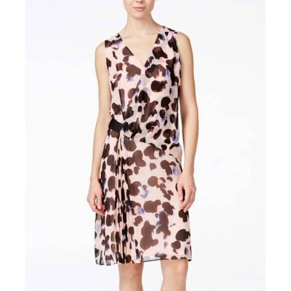 Rachel Roy Chiffon Dot Printed Pink Blush Pleated Dress Peach Blossom Sz 8 NWT